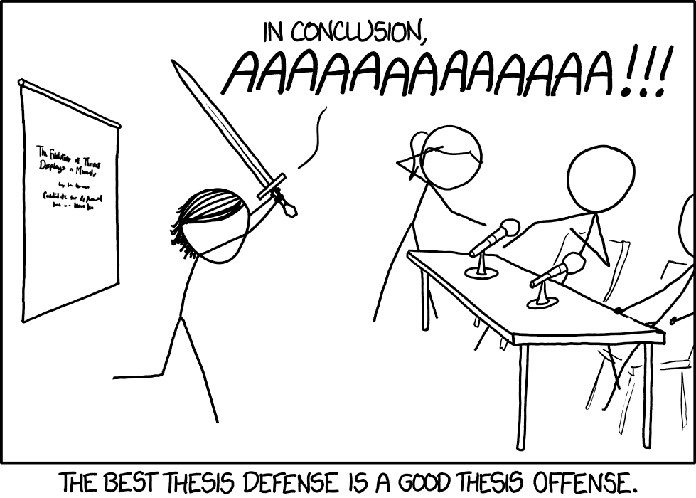 xkcd comic of a stick figure raising a sword and yelling 'AAAAAAAAAAAAA' during a thesis defense, captioned 'The best thesis defense is a good thesis offense.'